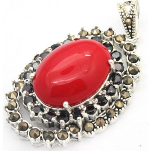 VINTAGE 925 STERLING SILVER RED CORAL MARCASITE PENDANT 40x23MM