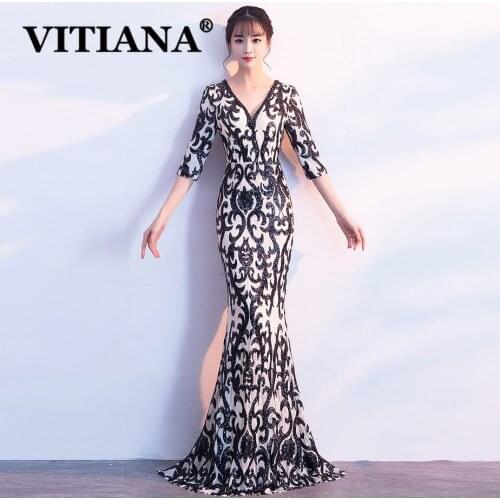 VITIANA Women Deep V-Neck Sequined Sexy Party Long Dress Female Mesh Elegant Trumpet Dresses Femme Black Noble Banquet Vestidos