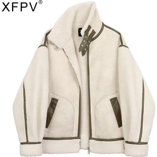 XFPV Winter Lambs Wool Splicing PU Leather Jacket Women Fur Collar Warm Thick Parkes Stand Collar Faux Lamb Loose Leather Coat