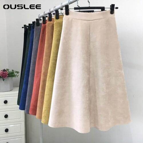 OUSLEE 2021 Classic A Line Skirt Women Vintage Casual High Waist Elegant Suede Skirts Spring Autumn Umbrella Ladies Skirt Female
