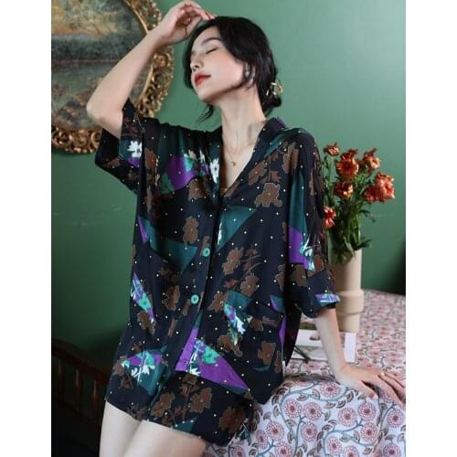 Women Print Fashion Rayon Pajamas Sets 2PCS 3/4 Sleeve&Shorts Pyjamas Sexy V-Neck Sleep Suit Sleepwear Summer Casual Nightwear