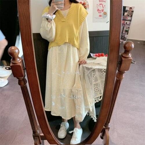 Women 2021 Spring Autumn Fashion Two-piece Sets Female New V-neck Knitted Vest Tops Ladies Print Loose Long Dress Suits D924