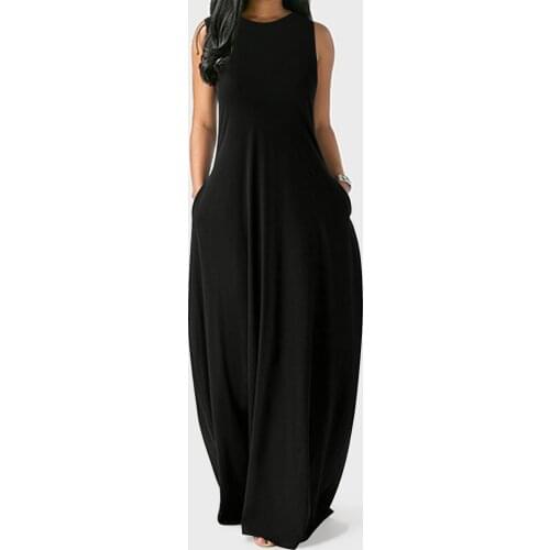 Elegant Summer Women Long Dress Casual Solid Womens Sleeveless Loose Plain Maxi Dresses With Pockets Sundress Female Vestidos