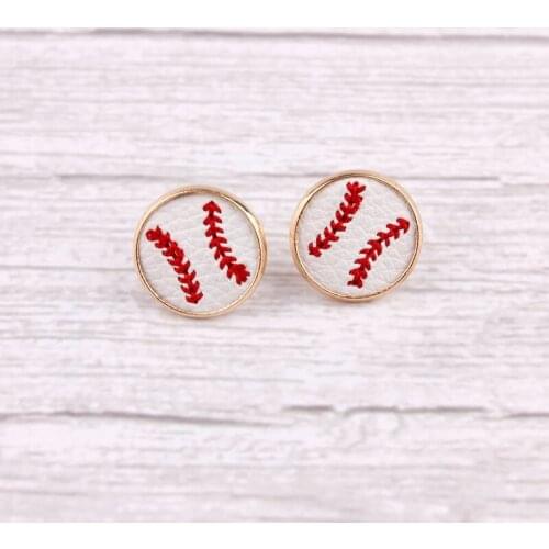 ZWPON 2019 Mini Embroidery Baseball Leather Round Stud Earrings for Women Fashion Handmade Statement Earrings Jewelry Wholesale