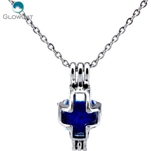 K239 Silver Locket Necklace 22mm Rectangle Cross Stone Bead Cage Stainless Chain Aroma Essential Oil Diffuser Locket