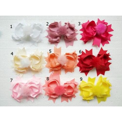 20pcs Boutique girl 4.5" fabric and pom pom hair bows clips pompon headwear pompoms hair accessories Hairpins GR107
