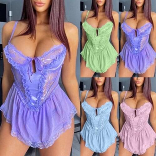 2021 Sexy Chemise Transparent Pajamas Sexy Pajamas Ladies Pure Color Lace V-Neck Sling Dress Pajamas