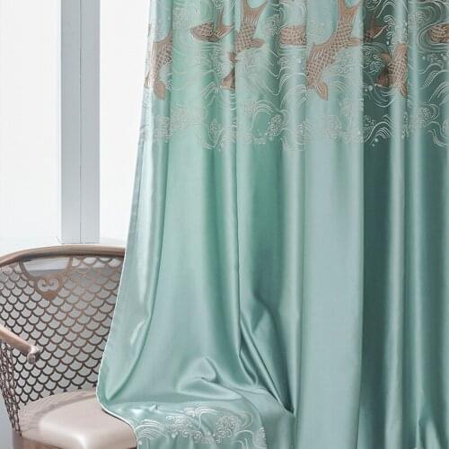 2021 New Chinese Imitation Silk Curtains Finished Products Embroidered Stitching Curtains for Living Dining Room Bedroom