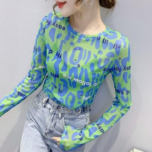 #5824 Summer Stretch Mesh Top Women Skinny Casual Sexy Clubwear T Shirt Female Long Sleeves Thin Sunscreen T Shirt For Girls