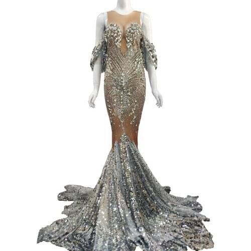 Flashing Silver Rhinestones Sequined Floor Length Dress Women Birthday Prom Celebrate Outfit Evening Women Long Big Tail Dress