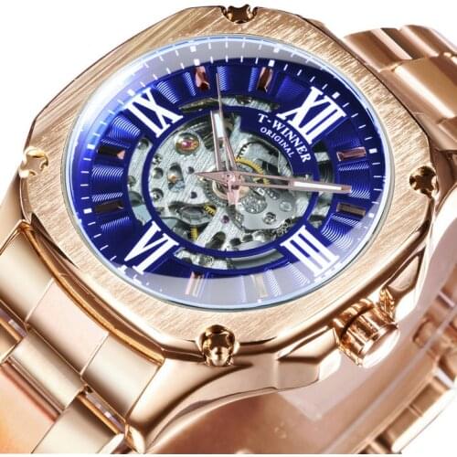 WINNER Retro Fashion Automatic Watch Men Skeleton Mechanical Mens Watches Top Brand Luxury Stainless Steel Strap Square Clock