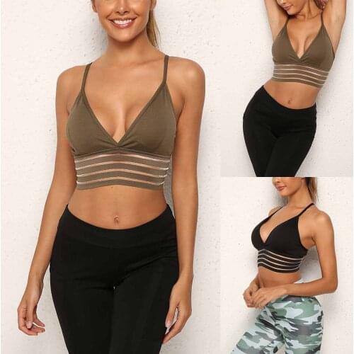 Women Yoga Crop Tops Bras Wild Mesh Stitching Sports Running Underwear Blouse Chest Pads Sexy Sleeveless Deep V Camisole Sling