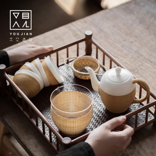 Bamboo silk button porcelain, Kung Fu tea cup, teapot, tea set, intangible cultural heritage handicraft bamboo weaving