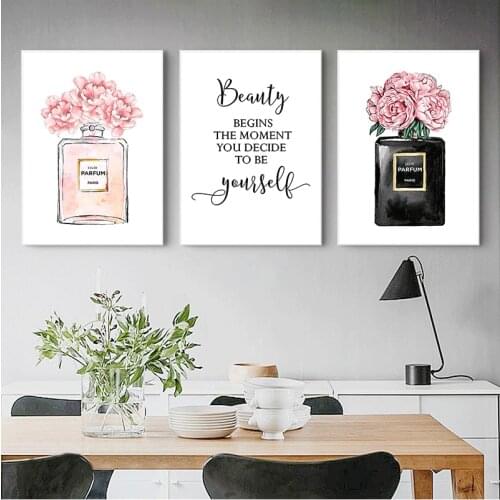 Perfume Bottle Wall Art Perfume Posters and Prints Beauty Begins Quote Print Watercolor Flower Pictures Bedroom Decoration