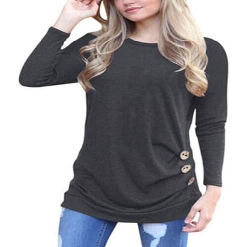 Spring And Autumn T-Shirt Top New Style Cotton Round Neck Bat Shirt Long Sleeve Button Decoration Casual T-Shirt Womens Clothing