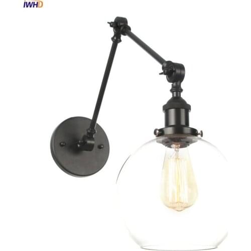 IWHD Loft Decor Glass Ball Wall Lights Bedroom Bar Cafe Mirror Stair Light Swing Long Arm Vintage Wall Lamp Sconce Wandlamp LED