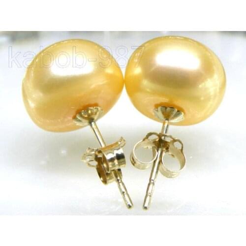 FINE perfect bread AAA+ 10.5mm yellow akoya pearl earring solid 14K/20 yellow gold