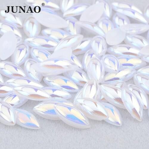 JUNAO 5*10mm 7*15mm Jelly White AB Flat Back Crystals Half Pearl Beads Horse Eye Pearls Stickers For Crafts