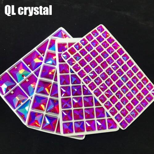 QL Crystal Color AB Square sew on Glass Crystal Rhinestone Flatback for wedding Dress DIY clothes shoes bags accessories