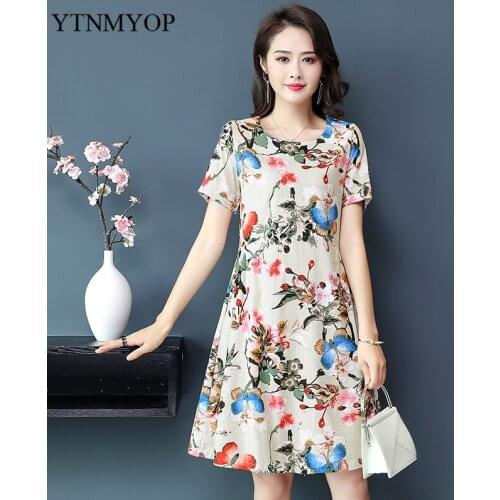 Summer Floral Printed Sundress Vintage Cotton Linen Party Short Dress Women Casual Short Sleeve Vestidos Plus Size 5XL YTNMYOP