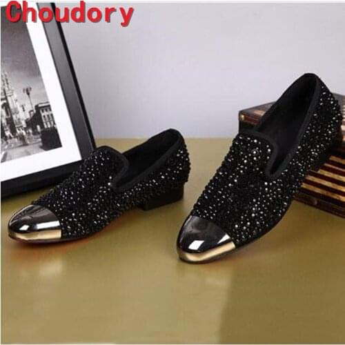 Choudory 2017 Hot sale red mens gold loafers men leather shoes casual Rhinestone black Crystal Studs shoes