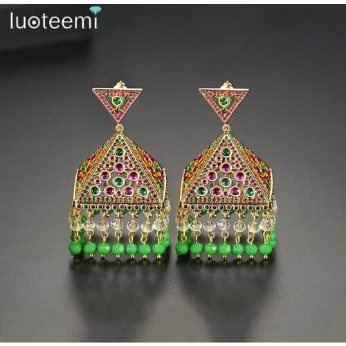 LUOTEEMI Indian Style Colorful Triangle Drop Earrings for Women Wedding Party High Quality CZ Luxury Fashion Jewelry Brincos