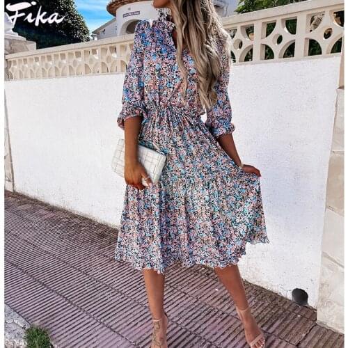 Fashion Women Floral Printed Puff Sleeve Dress Elegant Womens V-neck Mid Long Dresses Ladies Casual Beach Dress 2021 Summer Boho