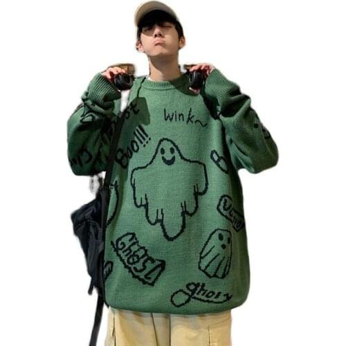 Autumn Winter Men Hip Hop Sweater Cartoon Casual Loose Knitted O-Neck Thick Warm Pullover Fashion Japanese Style Tops