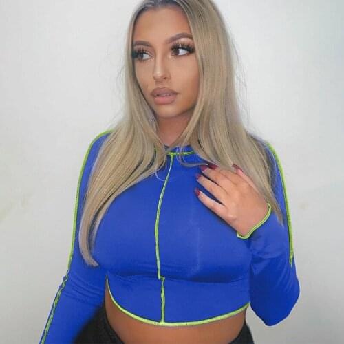 OMSJ 2020 Newest Autumn Fashion Women Streetwear Long Sleeve O-neck Patchwork Crop Tops Ladies Bodycon Sexy Party Club Tee Shirt