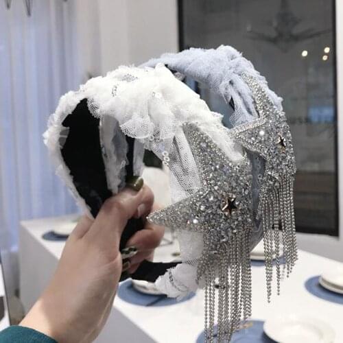 New Fashion Shining Star Headband Girls Top Quality Headwear Lace Floral Hairband Shining Rhinestone Headwear Hair Accessories