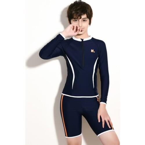 Rash Guard Two Pieces Long Sleeves Surf Suit boy Swimwear UV Protection Swimsuit Bathing Clothes Shorts Solid Blue