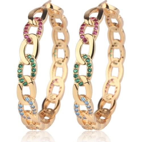OMYFUN Luxury Hoop Earrings Gold Color CZ Paved Earrings Women Fashion Brazilian Semi Joyas Cuban Chain Style Hollow Brincos E37