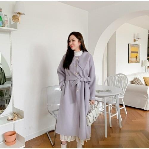 Shawl Lapel 2021 Winter Double Sided High End Handmade Long 100% Wool Coat Women Lacing Belt Loose Plus Size Woolen Overcoat
