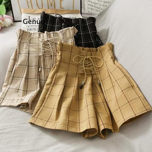 Fashion High Waist Bandage Shorts Women Summer Vintage Plaid Wide Leg Short Pants Loose Girl Shorts Feminino