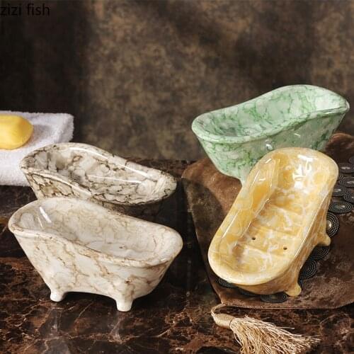 Bathtub Shaped Soap Dish Ceramic Shower Tray Marble Texture Soap Boxes Bathroom Accessories Shelf Glazed Porcelain Bath Supplies