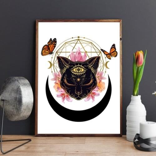 Witchy Decoration Canvas Painting Black Cat Norse Pagan Wall Art Prints Triple Moon Wicca Poster Witchcraft Pictures Home Decor