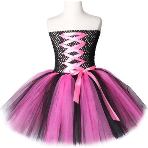 Hot Pink and Black Rock Star Tutu Dress Knee-Length Girls Birthday Party Dress Tulle Kids Girls Halloween Dress Costumes 2-12Y