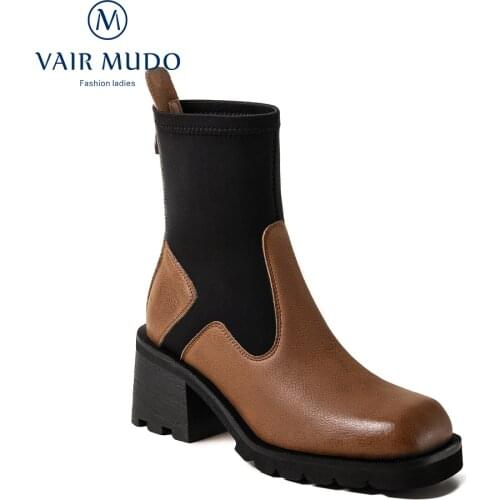 VAIR MUDO Women Martin Ankle Boots Shoes Thick Bottom Square Toe Brown Black Concise Solid Autumn Winter Boots Shoes WM-X234-C