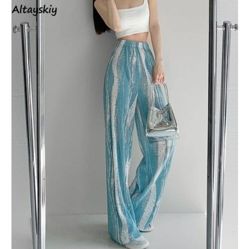 Women Pants Summer Ulzzang Tie Dye Elegant Fashion Full-length High Waist Green Casual Party Baggy Comfort Street Party Female