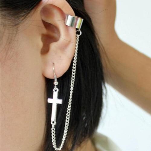 Punk Cross Charm Chain Cartilage Ear Cuff Clip Hook Earrings Women Jewelry