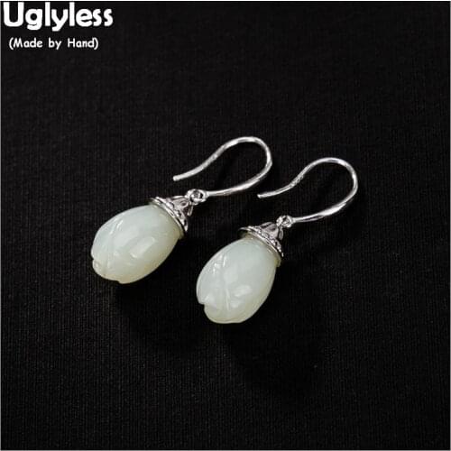 Uglyless 100% Real 925 Sterling Silver Handmade Magnolia Earrings for Women Natural Jade Gemstones Fine Jewelry Brincos Bijoux