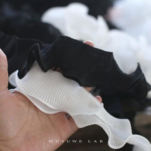 2M/lot 5cm Wide Chiffon White Black Lace Ribbon Trims Fabric for Sewing Clothes Craft DIY Crinkle Lolita Accessories Decoration