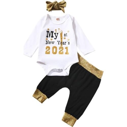 2021 New Year Infant Newborn Girls 3Pcs Outfits Round Neck Long Sleeve Romper Top+Long Pant+Shiny Headband Festival Clothes Set