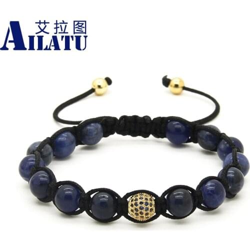 Ailatu Nautral Blue Veins Stone Beads with Micro Paved Blue Zircons Braiding Macrame Bracelet
