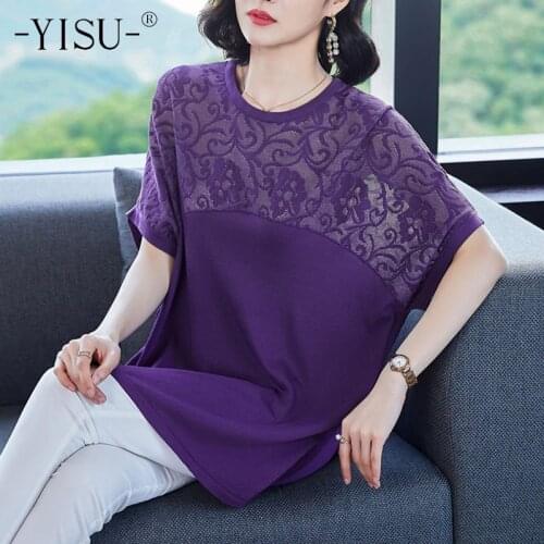 YISU Hollow out Womens clothing O-Neck Solid color Summer tops Short sleeve Jumper Female Casual Knitted Thin T-shirt