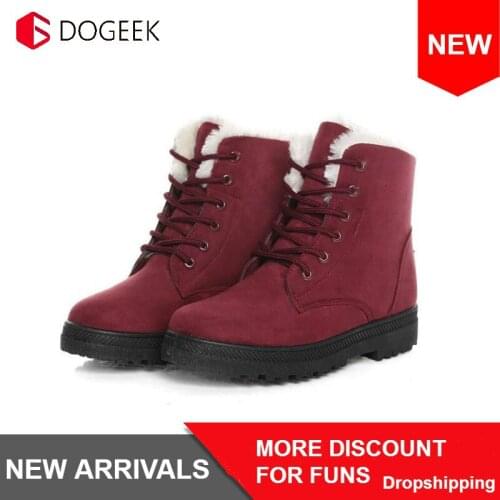 DOGEEK Snow Boots Warm Fur Plush Insole Women Winter Boots Square Heels Flock Ankle Boots Women Shoes Lace-up Winter Shoes Woman
