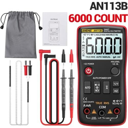 Digital Multimeter True RMS AN113B Smart Multimeter with Temperature Tester 6000 Counts Auto-Ranging Transistor Voltage Meter