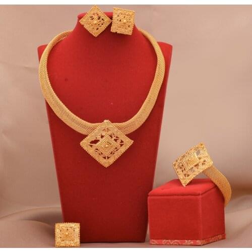 Dubai Jewelry sets 24K gold plated luxury African wedding gifts bridal bracelet necklace earrings ring jewellery set for women
