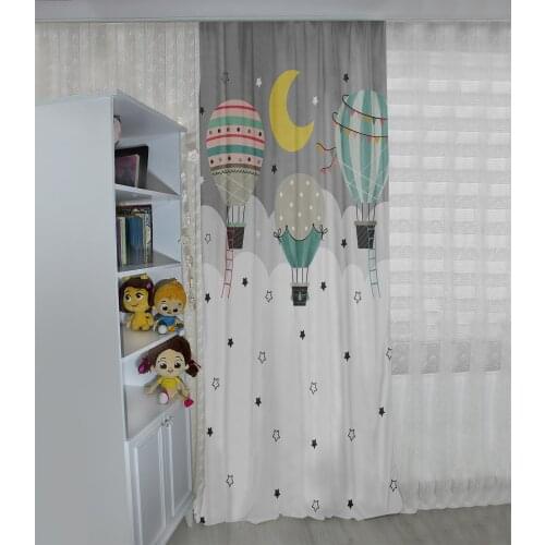 Gri çocuk odası perdesi balon,ay,yıldız,bulut çocuk perdesi