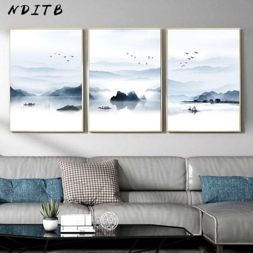 Mountain Boat Lake Landscape Poster Chinese Style Canvas Wall Art Print Painting Minimalist Decoration Picture Modern Home Decor